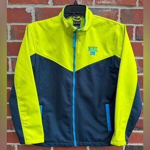 Nike Unisex L (12-13 YRS) Soft Shell Fleece Lined Full Zip Blue/Yellow Jacket T4